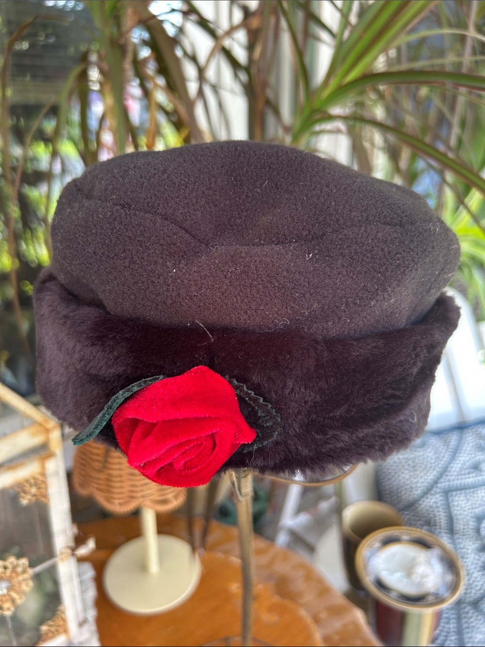 Vintage Black Hat with Red Rose Accent